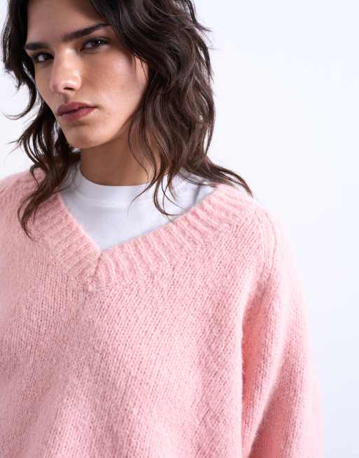 Topshop - Pull à col V en laine mélangée - Rose, 3 de 4