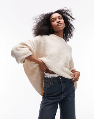 Topshop knitted slouchy exposed seam fluffy wide rib jumper in ivory - ASOS Price Checker