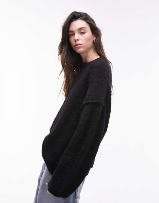 Topshop - Pull ample en maille duveteuse à côtes larges et coutures apparentes - Noir