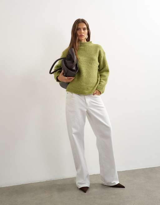 Topshop pull chunky en mélange de laine à bord roulotté vert, 2 de 4