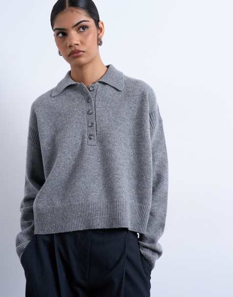 Topshop - Pull de qualité supérieure en laine d'agneau avec col polo - Gris - view 1