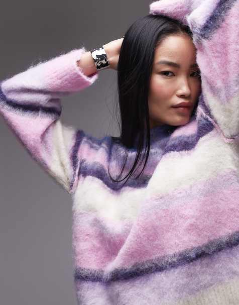 Topshop - Pull décontracté en maille duveteuse rayée - Violet - view 1