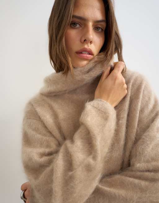 Topshop pull en cachemire brossé premium à coordonner, col cheminée profond, ton neutre, 3 de 4