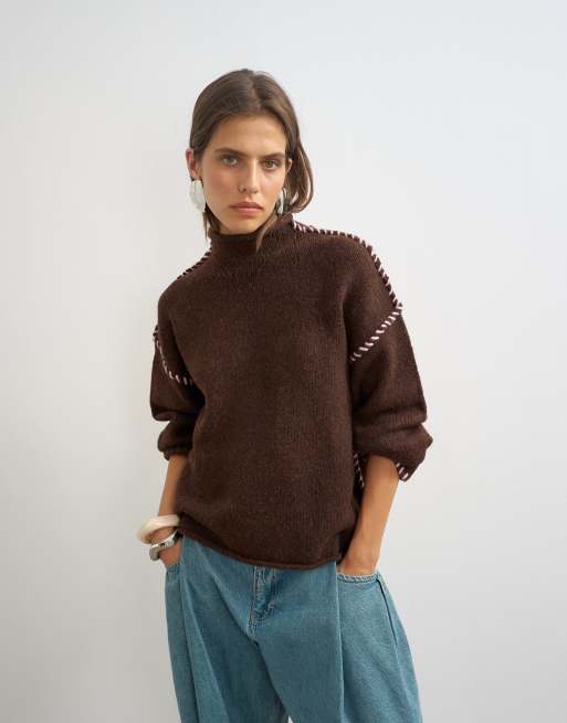 Topshop pull en maille à bord roulé et point de feston couleur pecan, 4 de 4