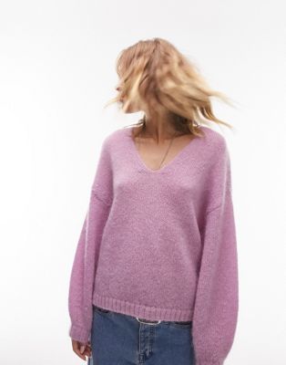 Topshop knitted premium v-neck mohair jumper in pink - ASOS Price Checker