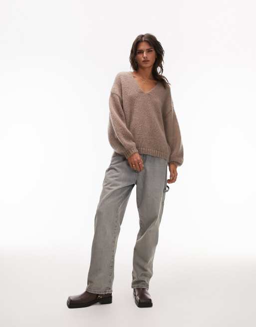Topshop - Pull en maille à col en V en laine mohair de qualité supérieure - Taupe, 2 de 4