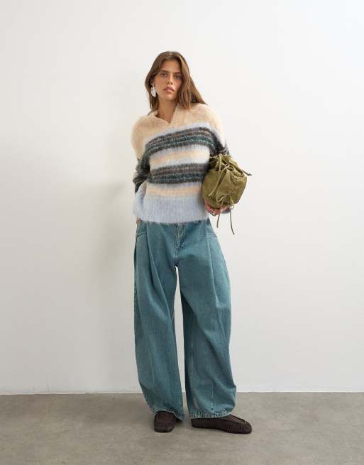 Topshop pull en maille à col V, rayures en laine, neutre multicolore, 2 de 4