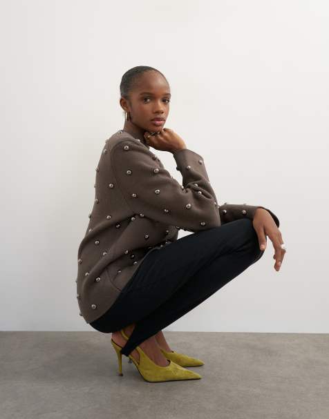 Topshop pull en maille à épaulettes cloutées en métal marron - view 1
