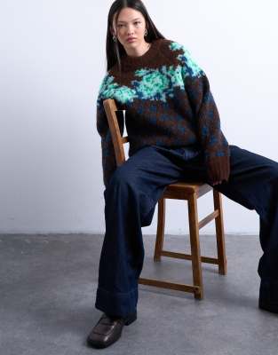 Pull en maille à losanges avec fleurs - Multicolore L