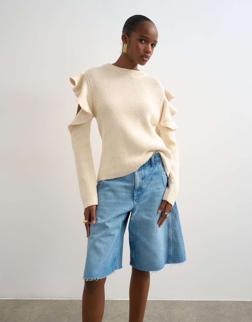Pull en maille à manches volantées - Ivoire-Vert XS