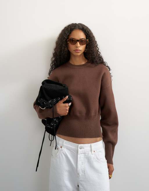 Topshop pull en maille à taille cintrée et manches chauve-souris couleur chocolat