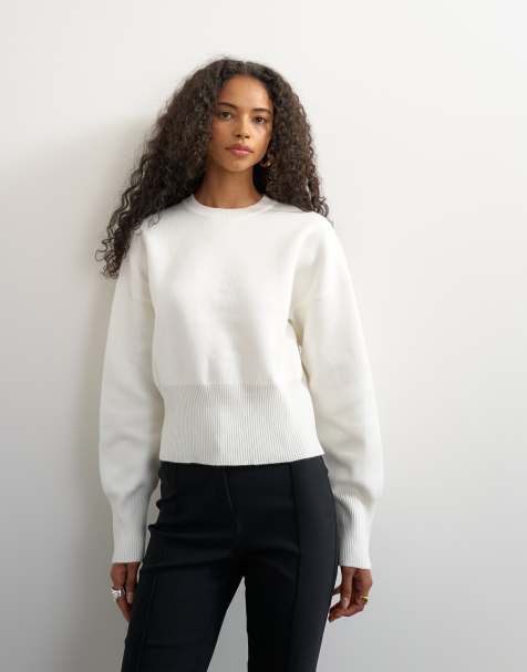 Topshop pull en maille à taille cintrée et manches chauve-souris ivoire - view 1