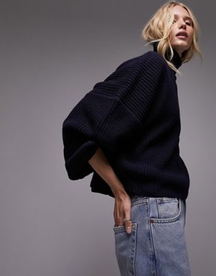Topshop knitted high neck drop shoulder jumper with wool in navy - ASOS Price Checker