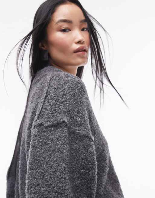 Topshop - Pull en maille bouclée à col montant en V - Anthracite, 3 de 4