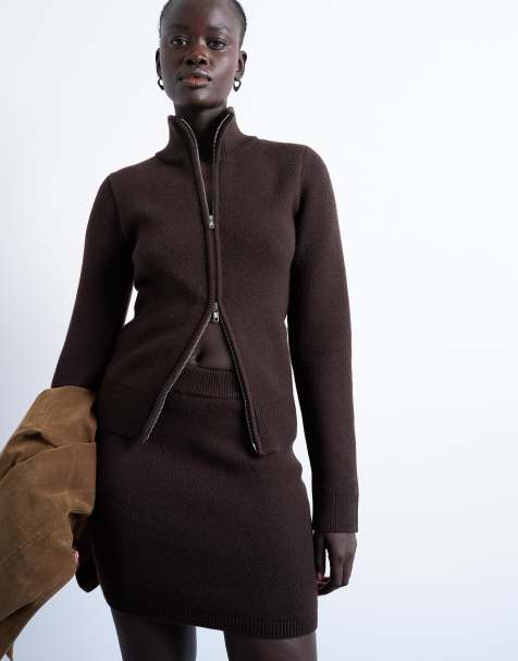 Topshop - Pull en maille compact zippé à col cheminée - Chocolat - view 1