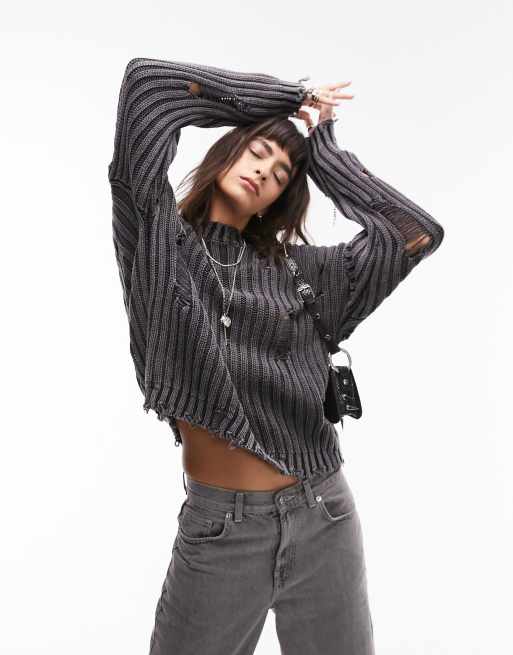 Topshop - Pull en maille côtelée délavée à l'acide - Noir