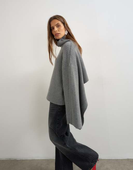 Topshop pull en maille côtelée oversize avec détail cape couleur anthracite, 1 de 4