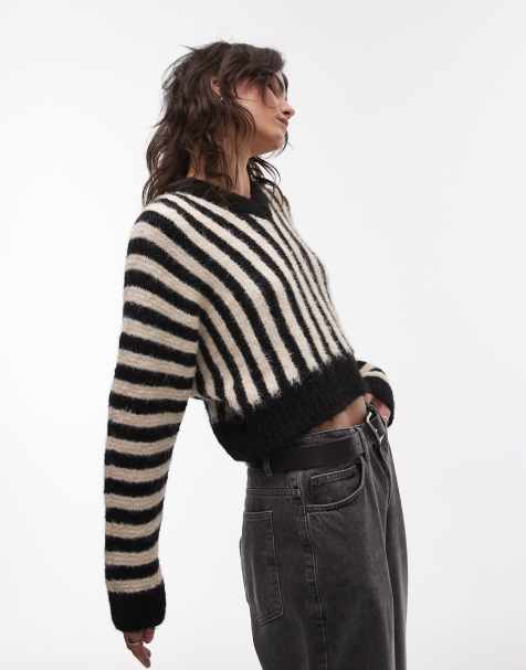 Topshop - Pull en maille de laine mélangée à rayures avec manches dolman - Noir et blanc - view 1