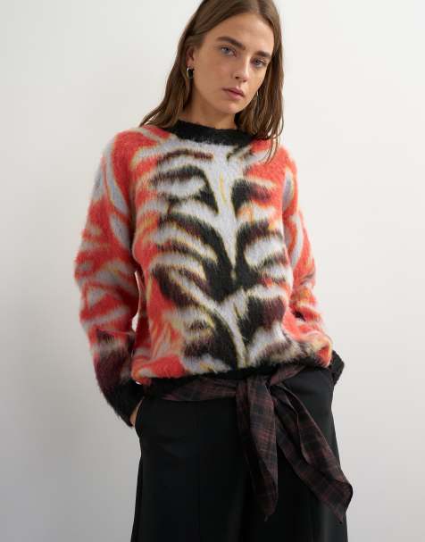 Topshop pull en maille duveteuse à coupe décontractée, effet brossé, imprimé abstrait, col rond, rouge - view 1