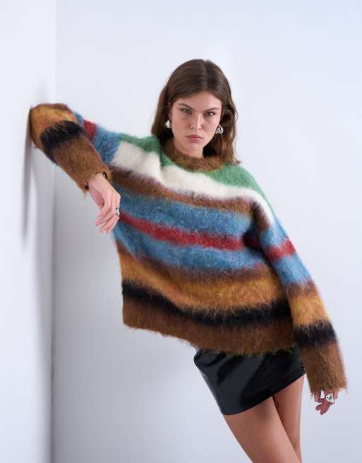Topshop - Pull en maille duveteuse à rayures - Multicolore