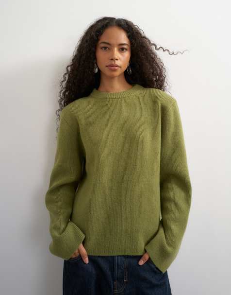 Topshop pull en maille premium en laine d'agneau, à épaulettes souples, vert avec finitions bleues - view 1