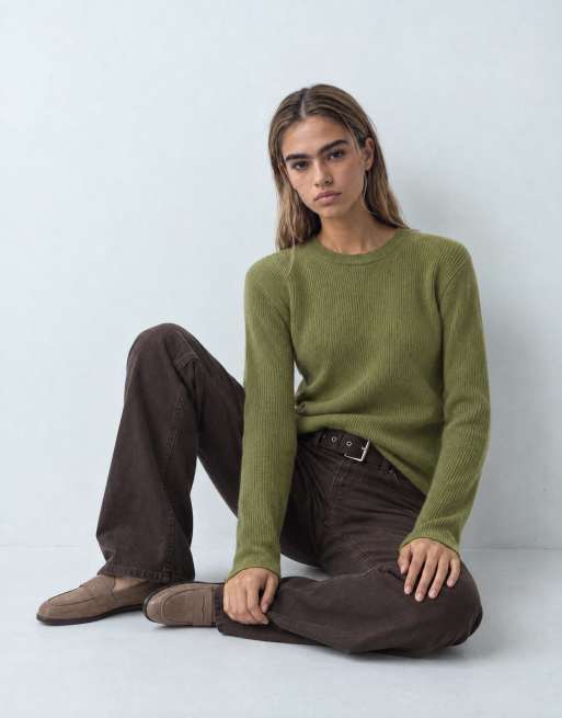Topshop pull en maille premium en laine d'agneau, à épaulettes souples, vert avec finitions bleues, 5 de 9