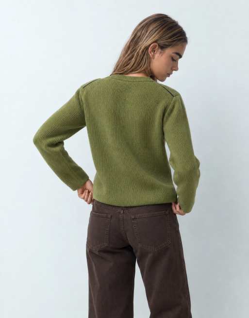 Topshop pull en maille premium en laine d'agneau, à épaulettes souples, vert avec finitions bleues, 8 de 9