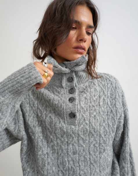 Topshop pull en maille torsadée à col cheminée gris - view 1