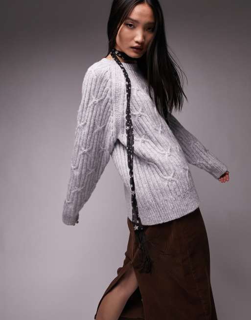 Topshop - Pull en maille torsadée à manches raglan - Gris