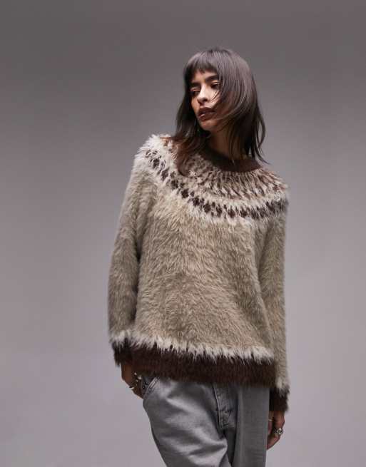 Topshop - Pull en maille ultra duveteuse à motif jacquard - Neutre