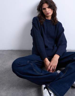 Topshop - Pull épuré en maille à coutures apparentes - Bleu marine