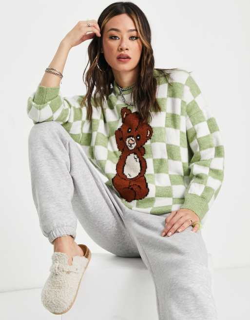 Topshop - Pull motif ourson en maille à damier - Multicolore 