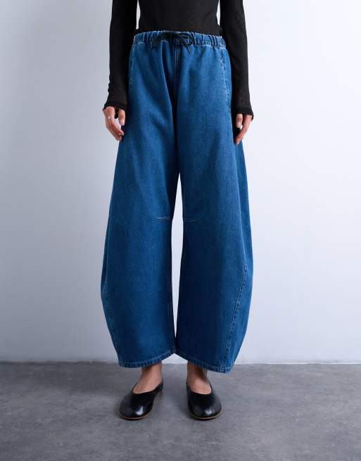 Topshop pull on barrel leg jeans in mid blue