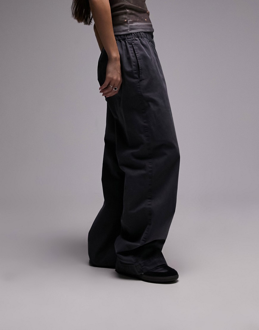 pull-on button front straight leg pants in charcoal-Neutral