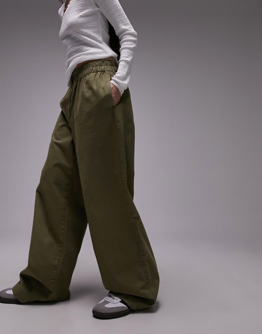 Topshop Pull On Button Front Straight Leg Pants In Khaki-green