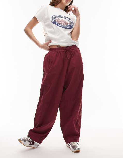 Topshop pull on cargo pants with waistband in burgundy - view 1