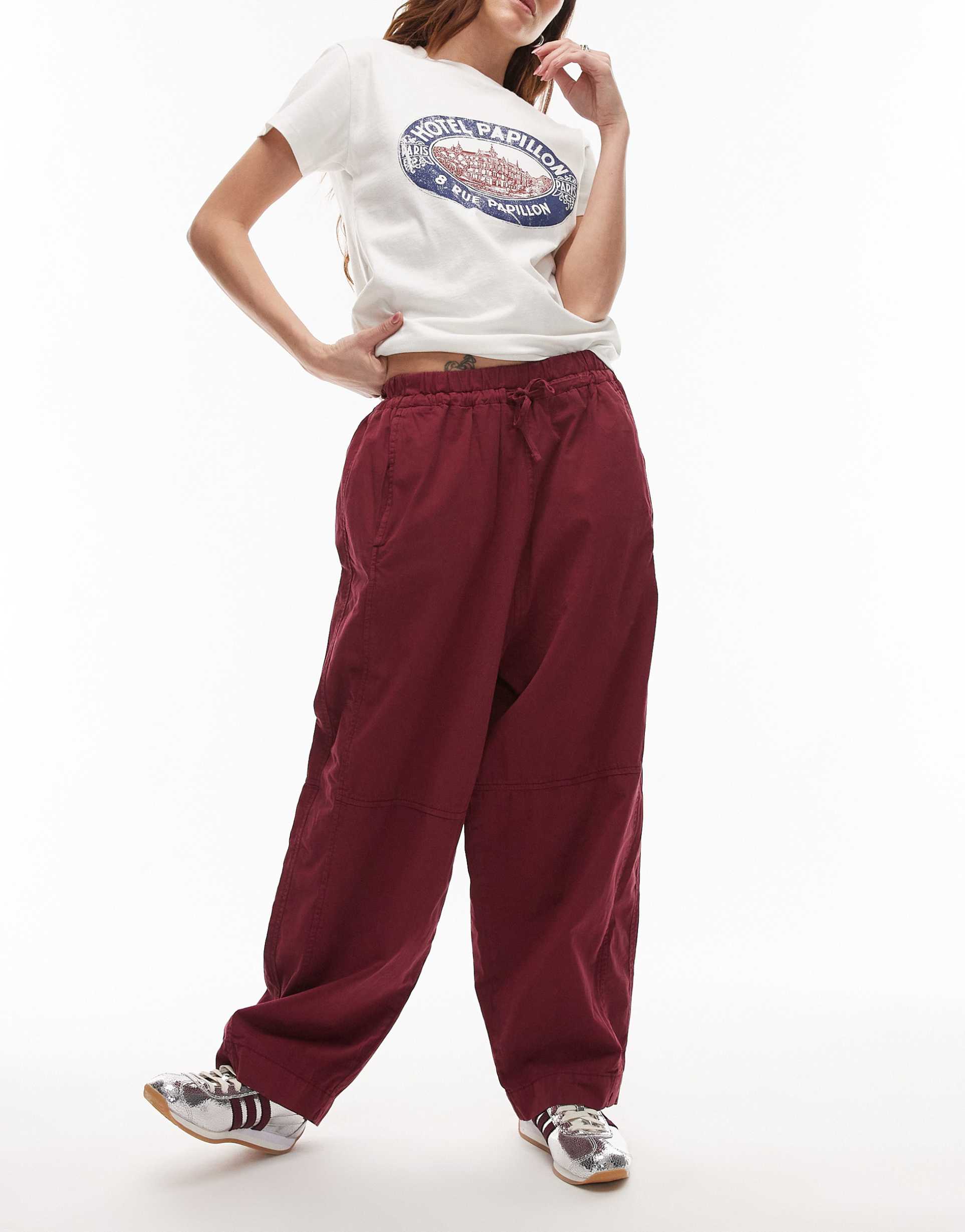 topshop pull on cargo pants with waistband in burgundy