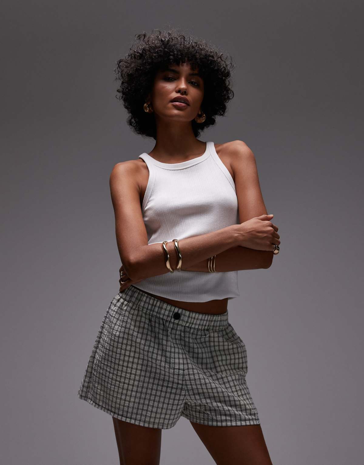 Topshop pull on crinkle textured boxer short in mono check