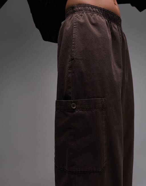 Topshop pull-on straight leg cargo pants in chocolate