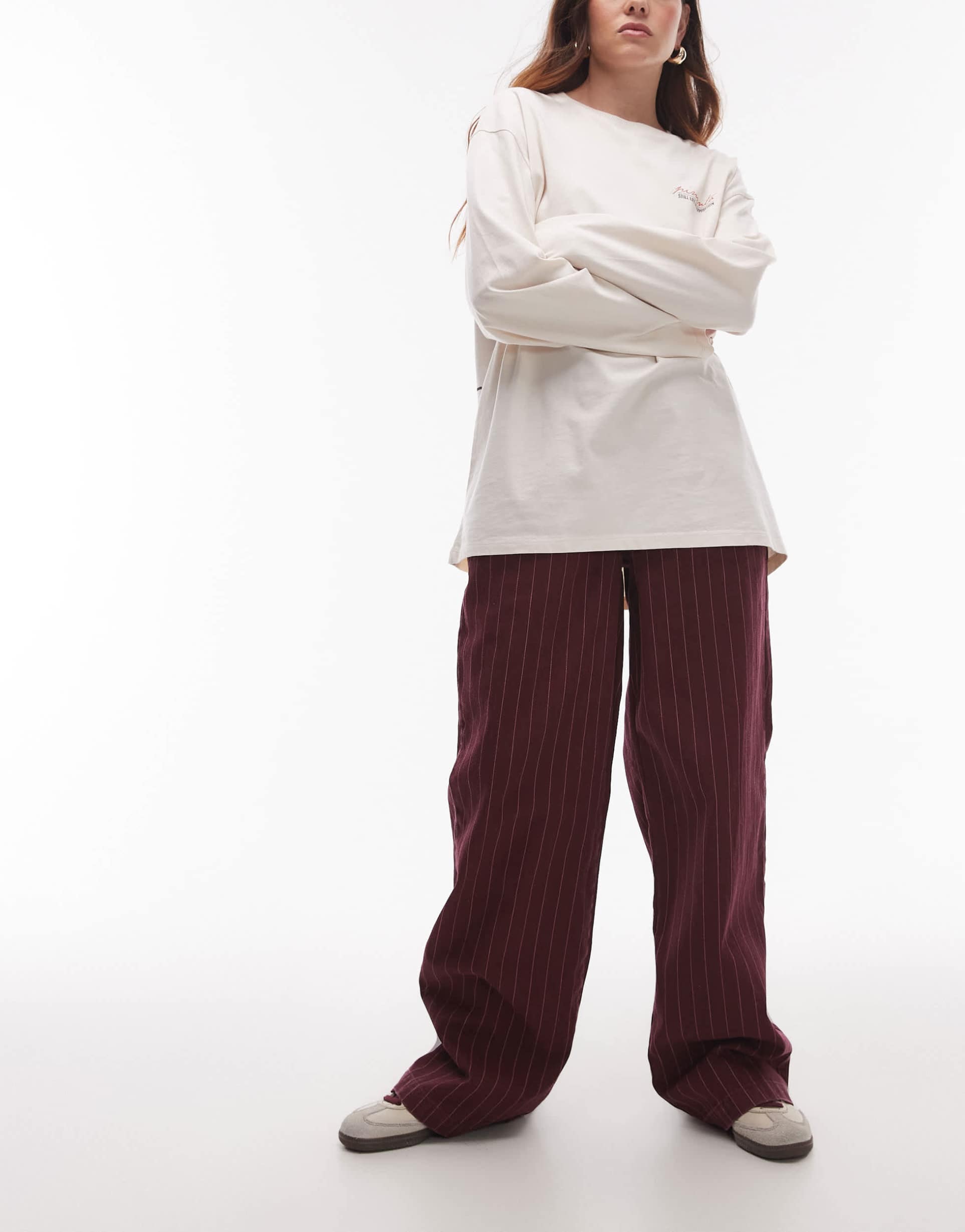 topshop pull on straight leg striped pants in burgundy