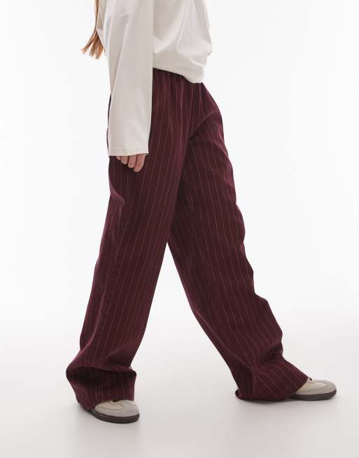 Topshop pull on straight leg striped pants in burgundy