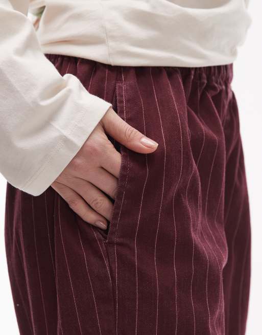 Topshop pull on straight leg striped pants in burgundy