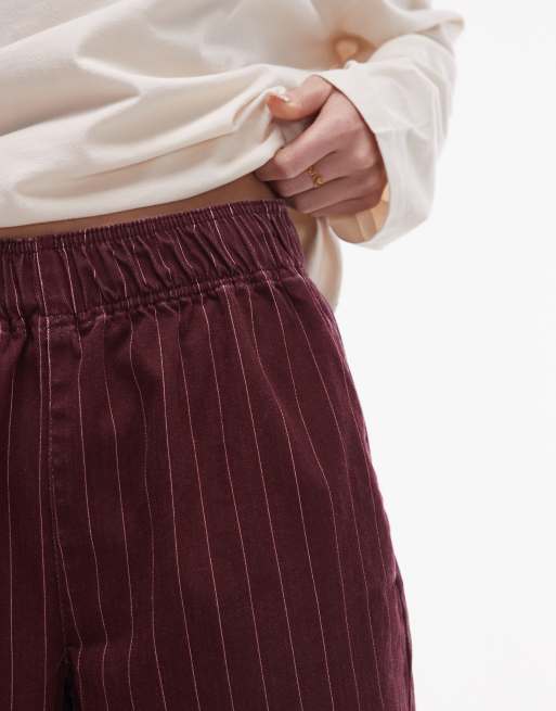 Topshop pull on straight leg striped pants in burgundy