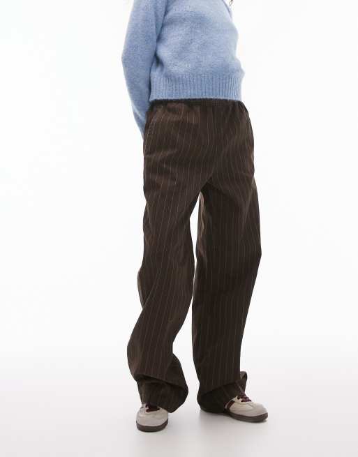 Topshop pull on straight leg striped trouser in chocolate