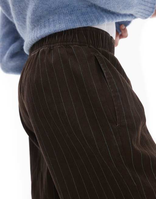 Topshop pull on straight leg striped trouser in chocolate