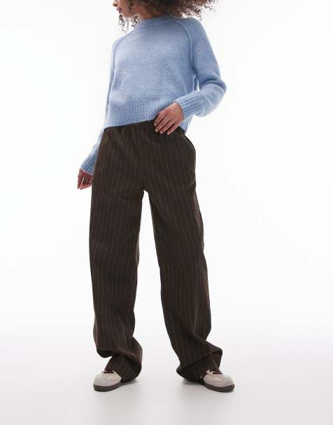 Topshop pull on straight leg striped trouser in chocolate