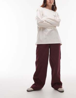 Topshop Pull-on Tie Waist Striped Pants In Burgundy-brown