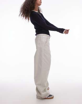 Topshop Topshop pull on tie waist trouser in stone-Neutral