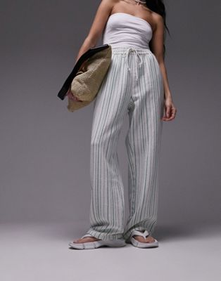 Topshop pull on towelling stripe wide leg trouser in white