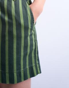 Model wearing Pull on utility skirt in multi stripe